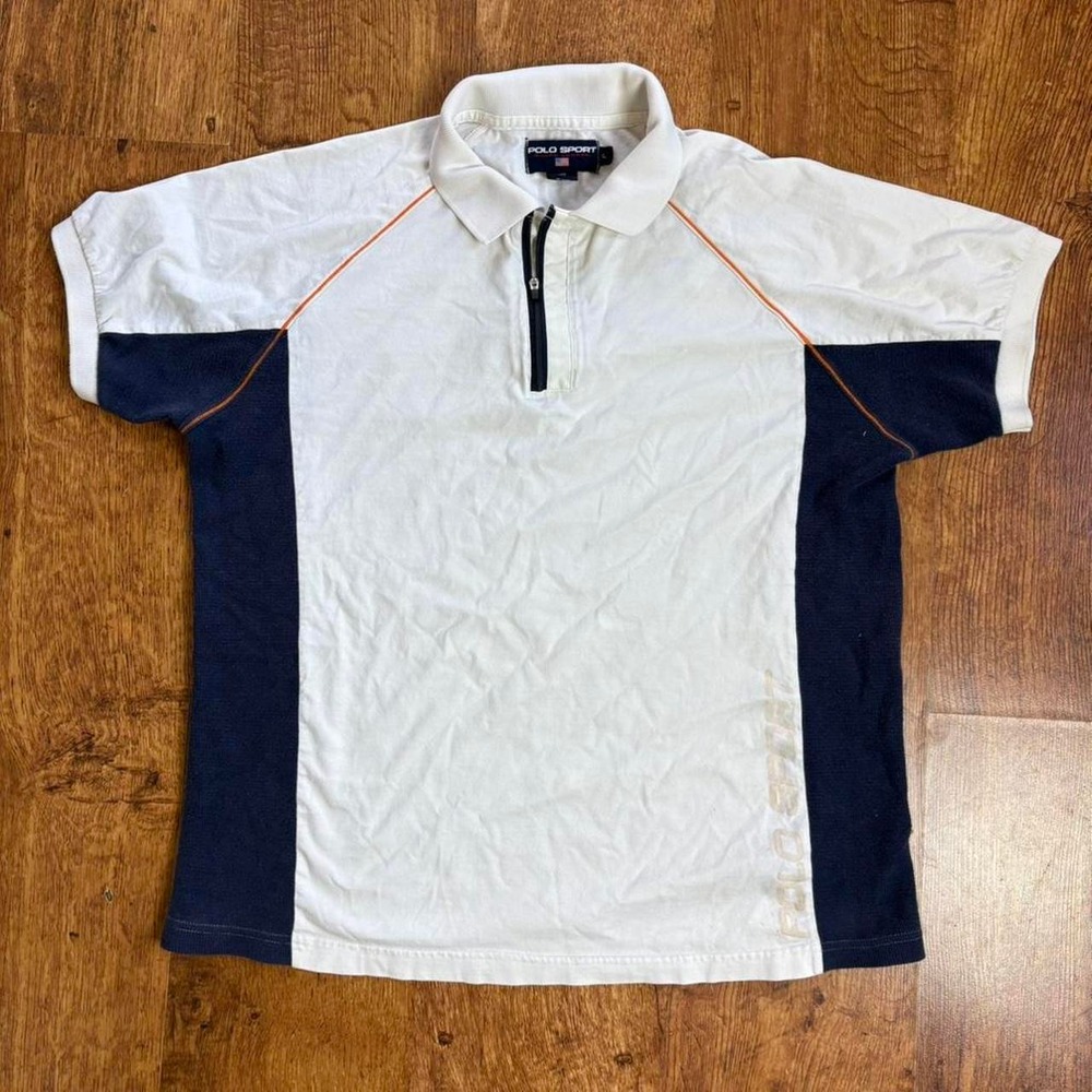 Polo Sport Ralph Lauren Mens White Navy Zip Up Polo Shirt Large Vintage Faded